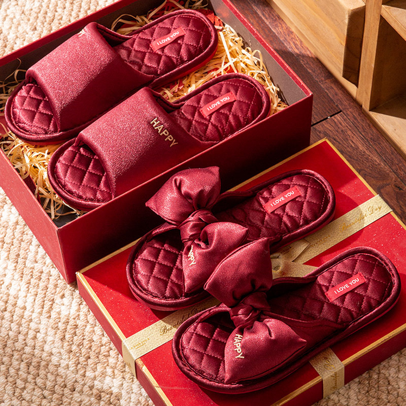 Red Pair of Wedding Slippers for Newlyweds, Luxurious Indoor Home Slippers for the Bride and Groom