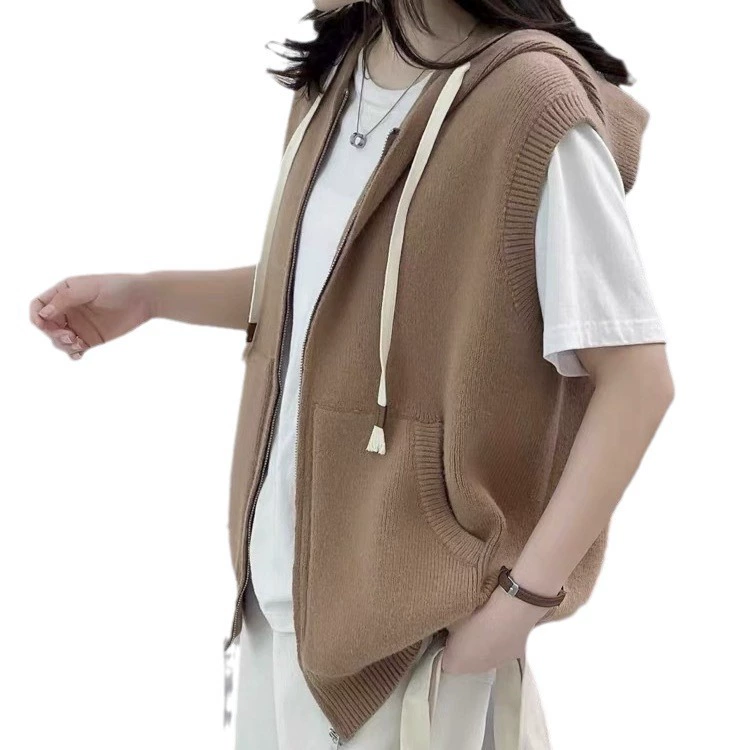 Демисезонная модная куртка, цветной вязаный жилет с капюшоном, oversize, корейский стиль