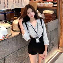 甜美纯欲职场秘书气质御姐风条纹衬衫上衣修身背带短裤两件套女装