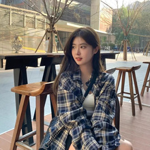 格子衬衫女装长袖上衣春秋季韩系宽松复古慵懒风开衫衬衣外套批发