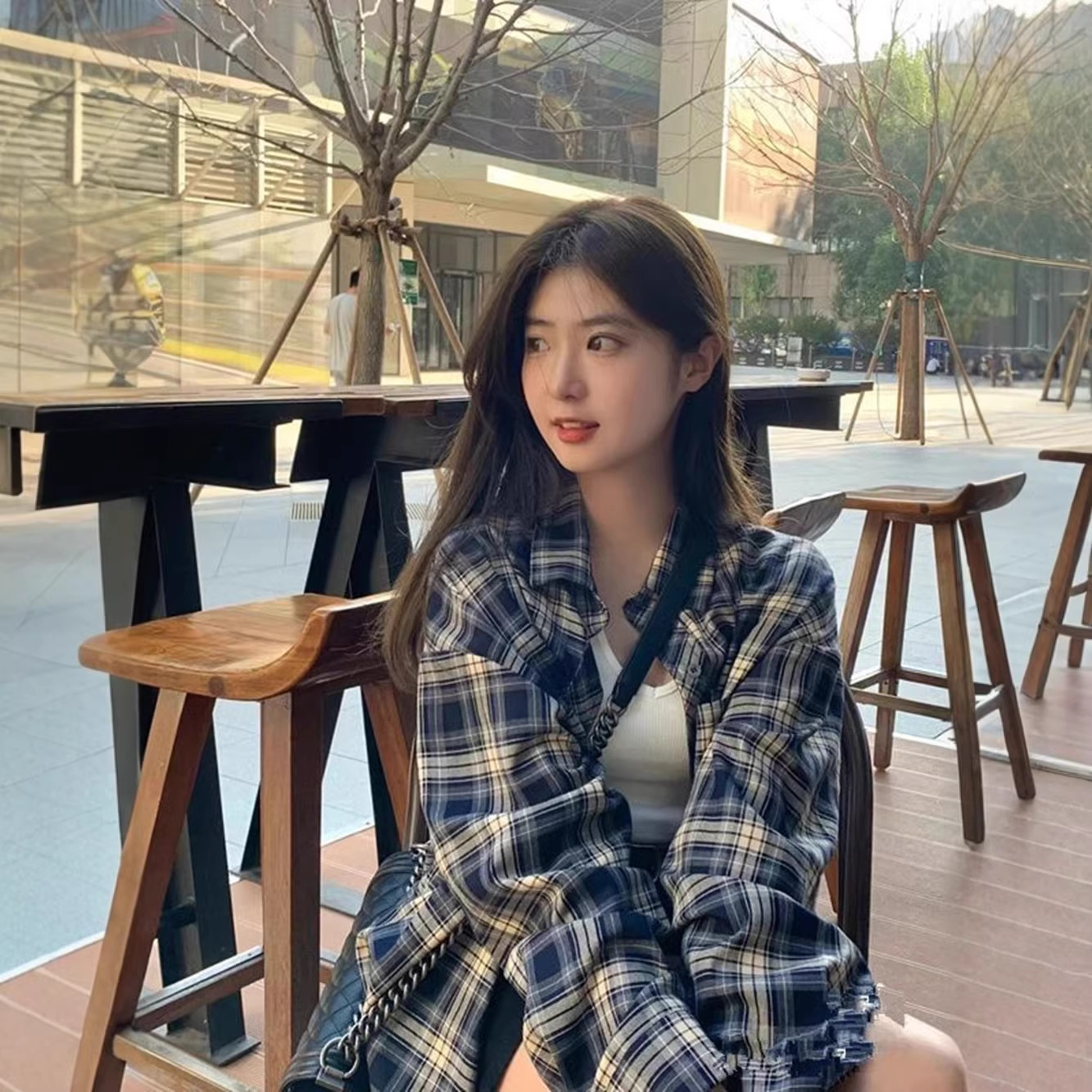格子衬衫女装长袖上衣春秋季韩系宽松复古慵懒风开衫衬衣外套批发