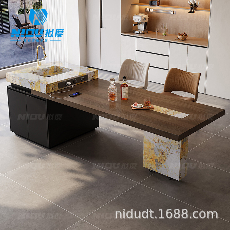 Luxury Stone Slab Island Multifunctional Dining Table Integrated Home Small Apartment Retractable Kitchen Island Solid Wood Bar Counter