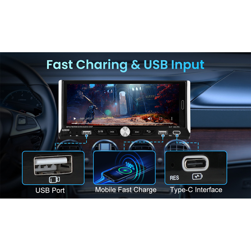 6.9inch Wireless Carplay Single-Core Ips Touch Screen Car Bluetooth Mp5 Player Dual USB Fast Charging 12V