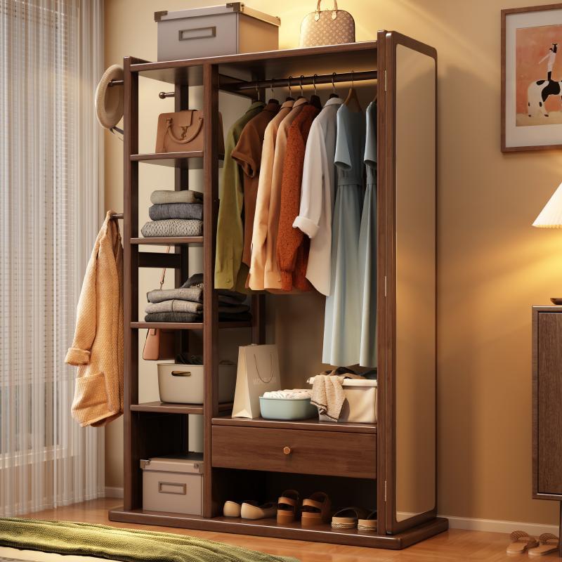 Solid Wood Coat Rack, Dressing Mirror, Integrated Floor-Standing Bedroom Multi-Functional Clothes Rack with Mirror, Wooden Clothes Rack Storage Rack
