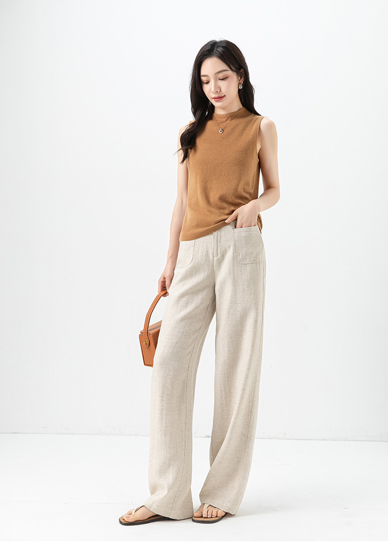 Quần ống rộng Tencel cạp cao dáng suông vải lanh mùa hè — Màu tím-Thông thường (25327) chi tiết 26