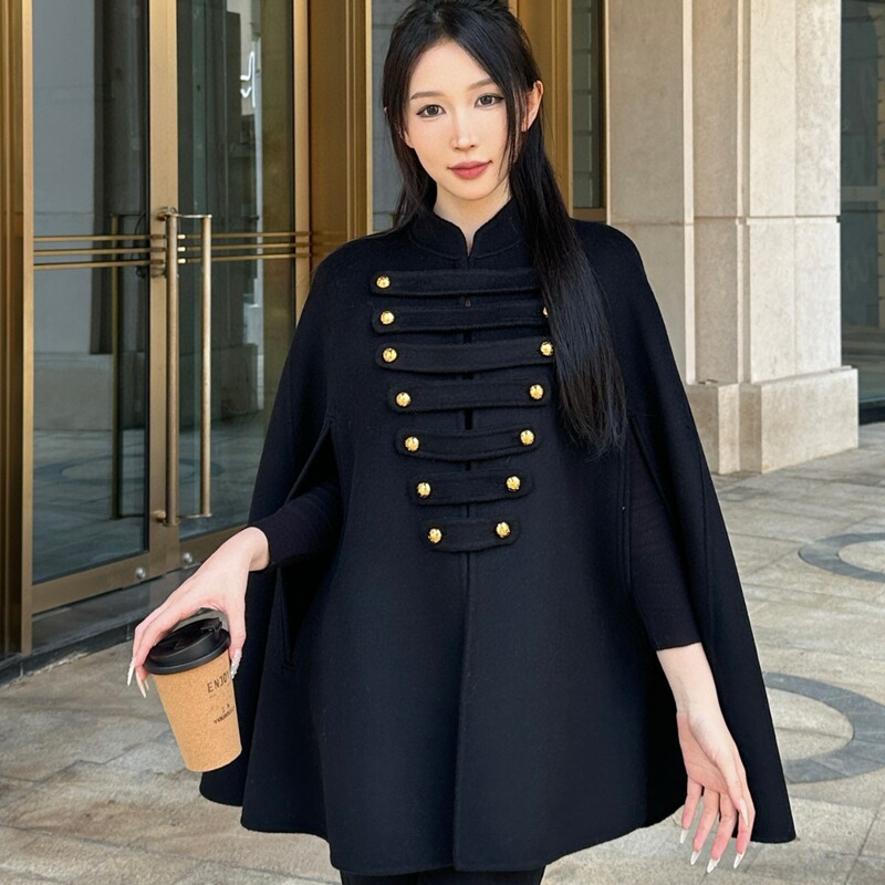 Shenzhen Nanyou 2025 Autumn and Winter New Style Double-Sided Hand-Stitched Cashmere Gold Button Slimming Stylish Mid-Length Woolen Coat for Women