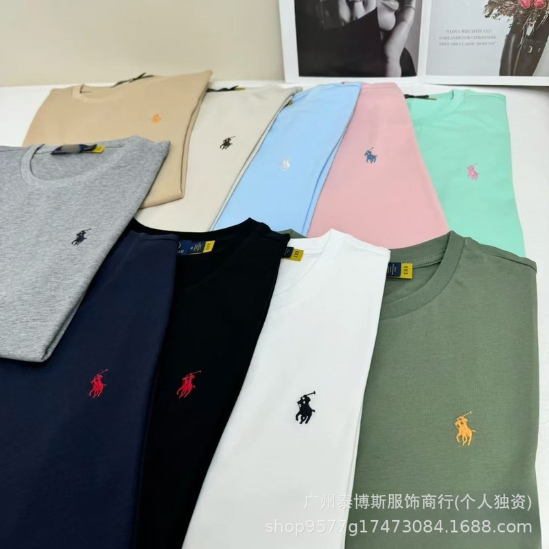Foreign Trade Small Horse Logo Short-Sleeve Casual Embroidered Women's Round-Neck T-Shirt, Pure Cotton Men's Half-Sleeve Top with Qr Code for Cross-Border Purchase