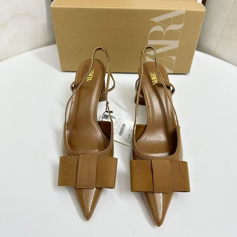 Za2025 New Autum Style Thick High Heels with Back Straps, Pointed Toe Toe Satin Bow Sandals, Fashionable Women's Shoes