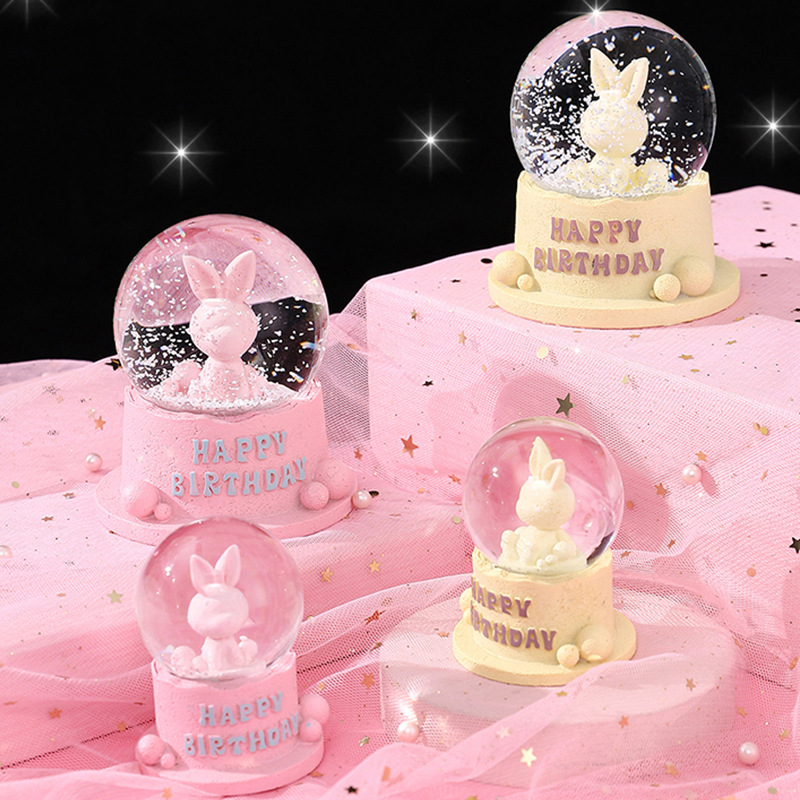 创意可爱微景观萌兔子发光水晶球儿童玩具蛋糕装饰公仔雪花闪光球