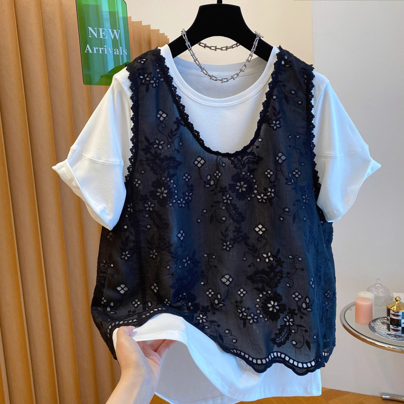 French-Style Summer New Women's Jacquard Lace Faux Two-Piece T-Shirt, Plus-Size, High-End, Slimming, Loose Short-Sleeve Top