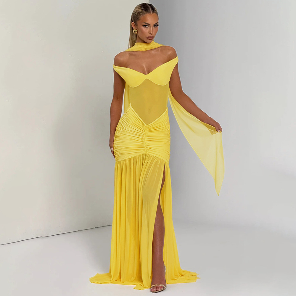 Transfronterizos Europa y Estados Unidos otoño 2025 nuevo estilo de moda para limpiar el pecho de espalda sexy malla plegado abierto vestido de cadera