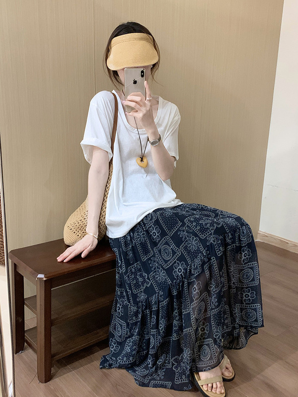 复古浪漫氛围感印花半身裙女2025夏季中长款气质垂感百搭a字长裙|undefined