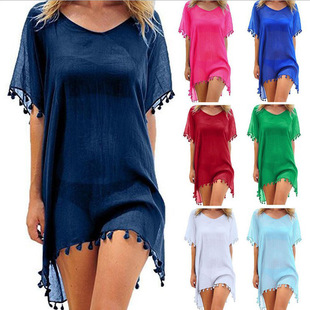 Amazon European and American Cross-Border Summer Women's Foreign Trade Round Neck Chiffon Tassel Dress Large Size Loose Beach Cover-Up