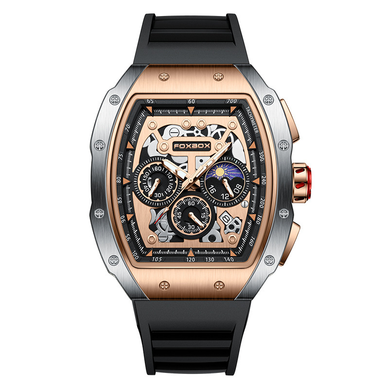 FOXBOX cubo hombres jóvenes deportes multifunción reloj impermeable calendario reloj de cuarzo hueco 0015