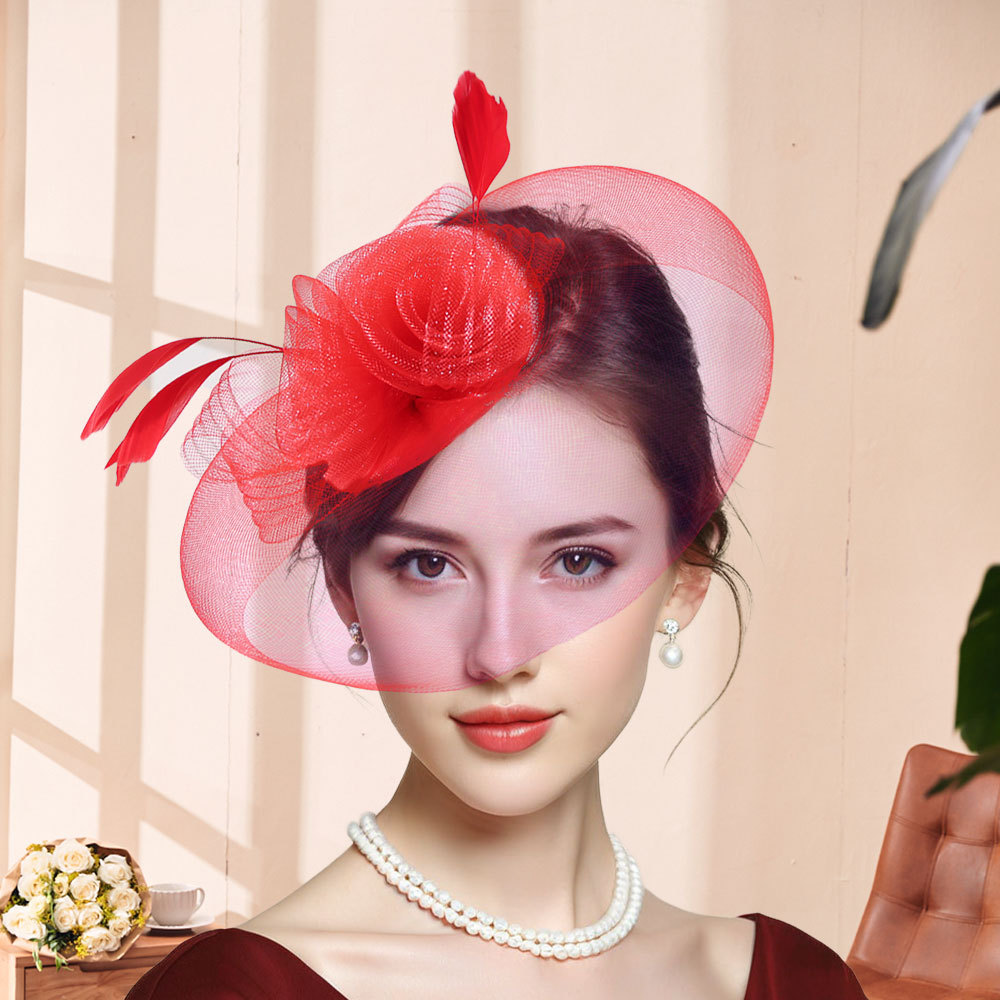 Cross-Border Amazon Women's Feather Mesh Headpiece Bridal Wedding Hair Accessories Tea Party Horse Racing Festival Dress Accessories Silk Flowers