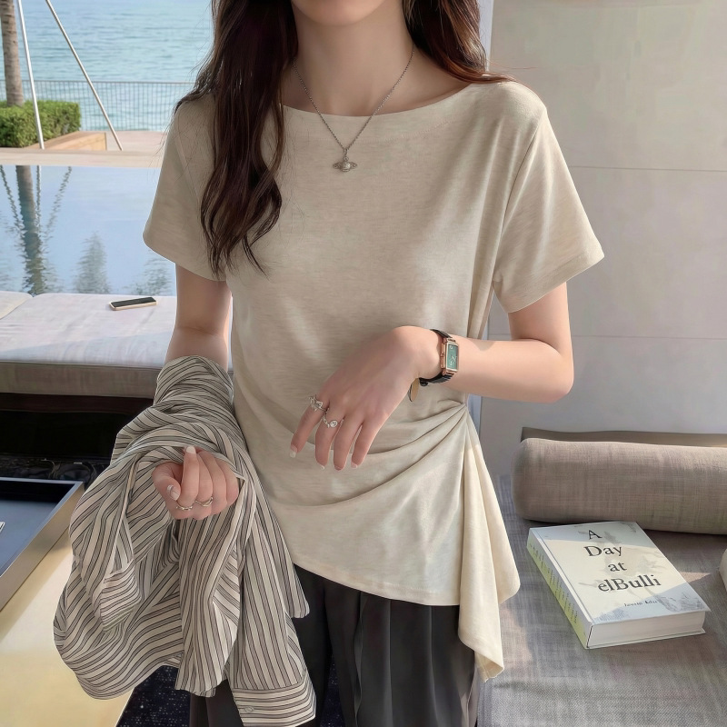 Áo thun nữ cổ tròn tay ngắn thiết kế thắt eo Hàn Quốc — màu đen chi tiết 1