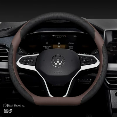 2025 Volkswagen Lavida Sagitar Polo Steering Wheel Cover for Bora Id3 Tayron Cc T-Roc Magotan Universal for All Seasons (Steering wheel cover) - universal-fit-d-shape-black-brown-default