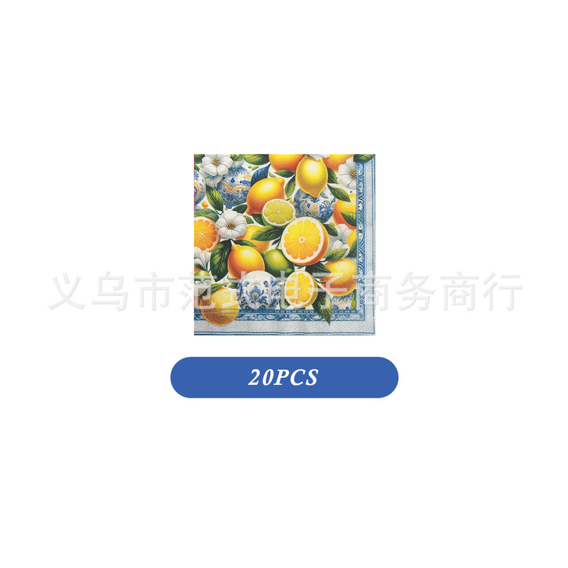 レトロな青と白の磁器レモンフルーツ誕生日パーティー食器使い捨て紙コップ紙皿ペーパータオルテーブルクロスディナープレート紙皿|undefined