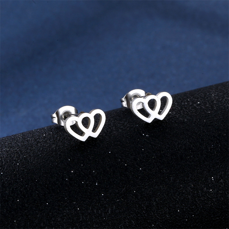 fashion stainless steel double heart necklace earrings set