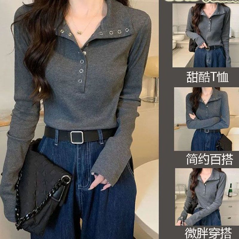Gray Polo Collar Long-Sleeved T-Shirt for Women Early Autumn and Autum Design Niche Slim Bottoming Shirt Right Shoulder Knitted Top