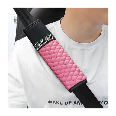 Seat belt shoulder pad: Shoulder Cover Leather Diamond-Encrusted - pink-2265