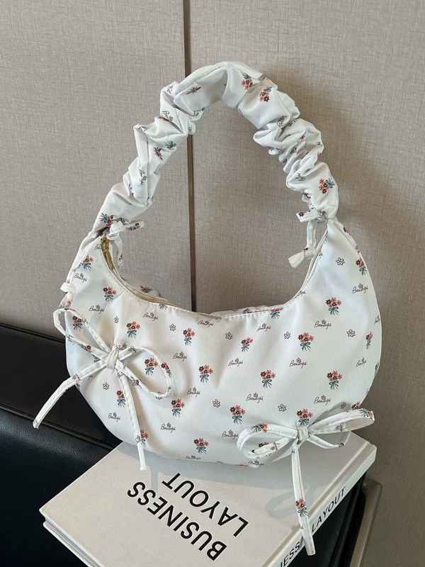 Сумка‑handbag с бантом, одноплечная летняя, сборчатая ручка, цветочный принт