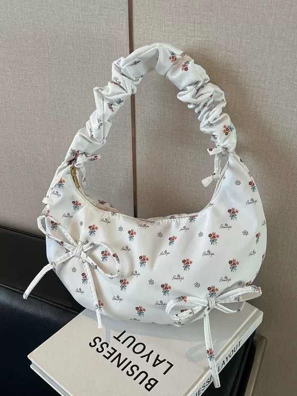 Сумка‑handbag с бантом, одноплечная летняя, сборчатая ручка, цветочный принт
