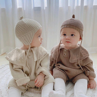 Baby Autumn Sweater Jumpsuit for Men and Women, Large Lapel Cotton Knitted Sweater Bag, Baby Long Crawl Suit