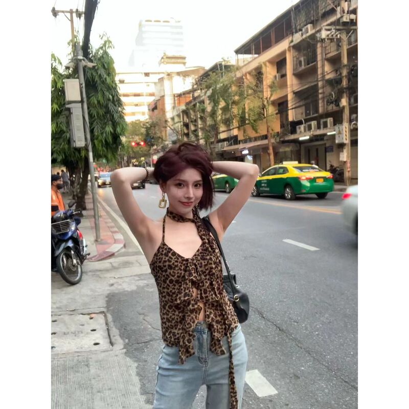 European and American Pure Desire Leopard Print Halter Camisole 2024 Summer New Design Niche Spice Girls Sleeveless Top