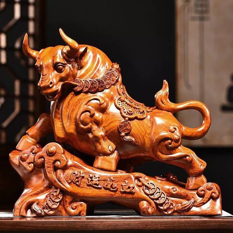 花梨实木雕刻牛摆件木头根雕生肖牛财运如虹商务家居装饰摆设