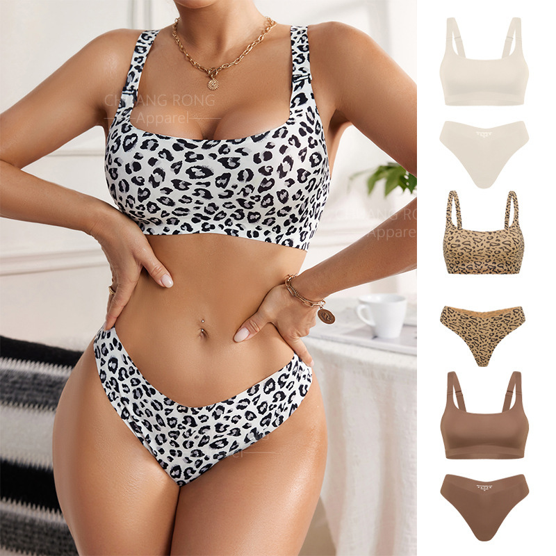 European and American Sexy Leopard Print Wireless Bra Set T-Back Panties Women's Fitness Thin Wide Shoulder Strap Tank Top Style Underwear
