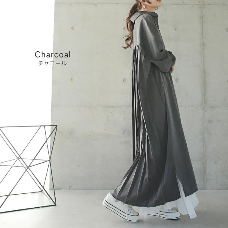 Spring Autumn Loose Overknee Dress Women Casual Large Version Back Pleated Long Shirt Dress