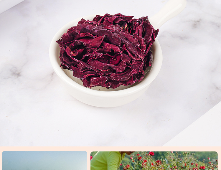 Mo Hong Rose Tea (Rosa 'Mo Hong') — Freeze-Dried Rose Buds, 20g Jar in use