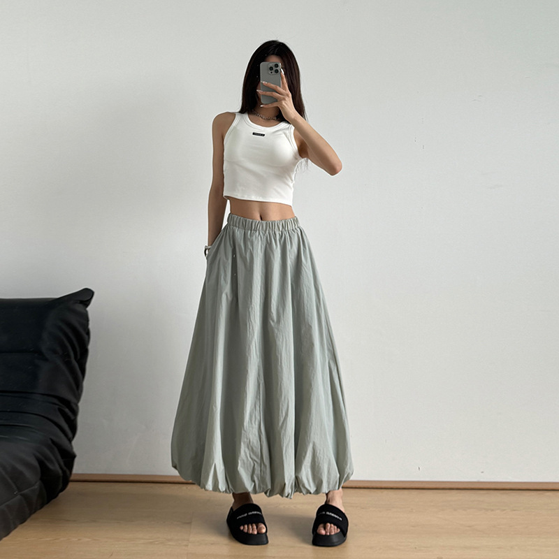 2024 Summer Korean Style Loose Slimming Elastic Waist Mid-Length A-Line Casual Floral Puff Skirt with Large Hem