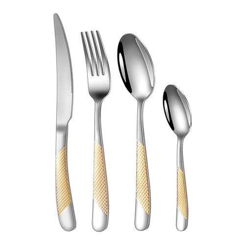 Amazon Star Diamond Stainless Steel Western Cutlery Knife, Fork, Spoon Hotel Steak Gold Plated 4-piece Cutlery Gift Set