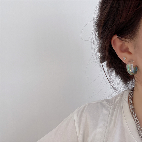 Blue Symphony Acrylic C-shaped Earrings Women's 925 Silver Needle Gradient Transparent Earrings Earrings No Holes Clip Earrings Trendy