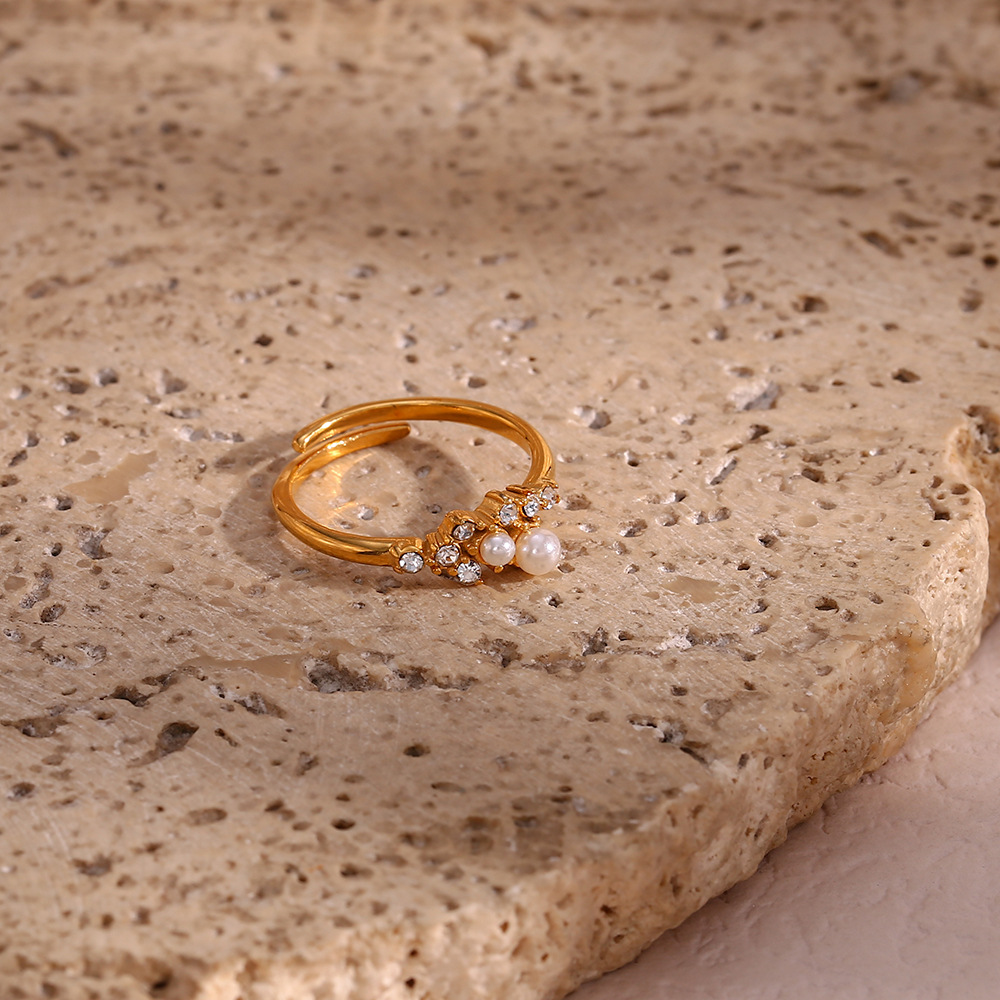 Fashion Geometric Stainless Steel Inlay Artificial Pearls Zircon Open Ring 1 Piece