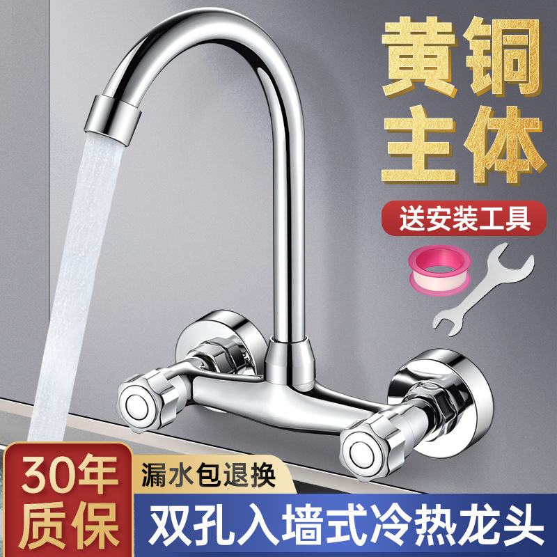 Kitchen Sink Vegetable Basin Brass Double-handle Wall-in Hot and Cold Faucet Washing Pool Balcony Wash Basin Water Mixing Valve