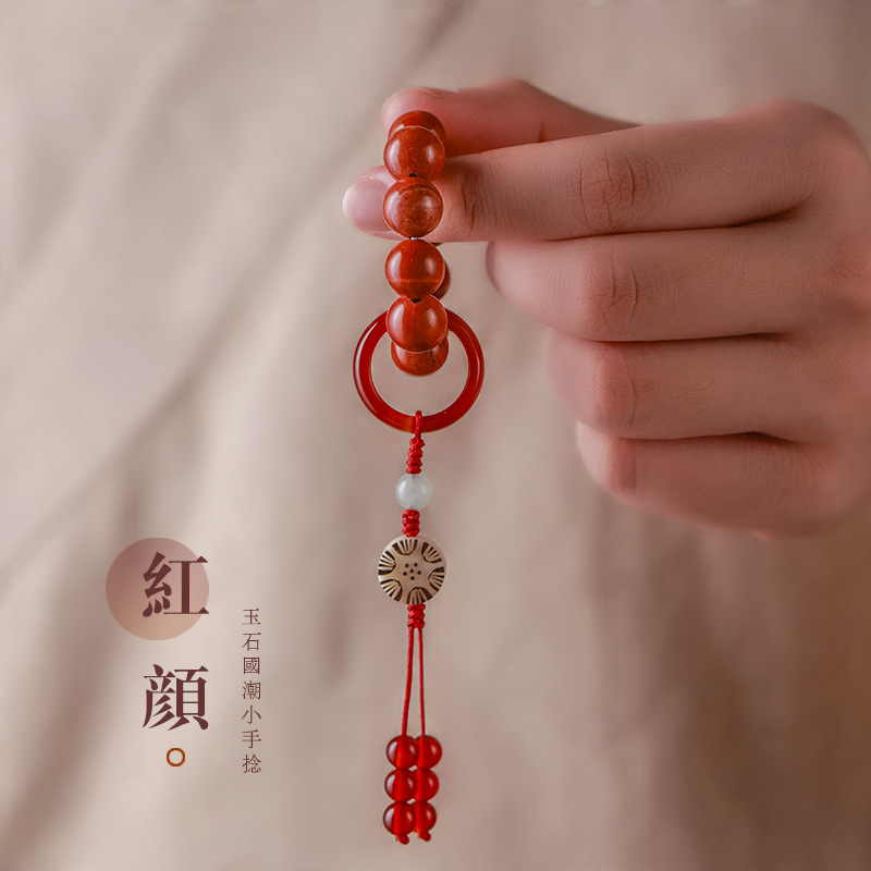 國潮古風創意紅石玲瓏小手捻繞指柔南紅瑪瑙珠混搭菩提背雲手捻
