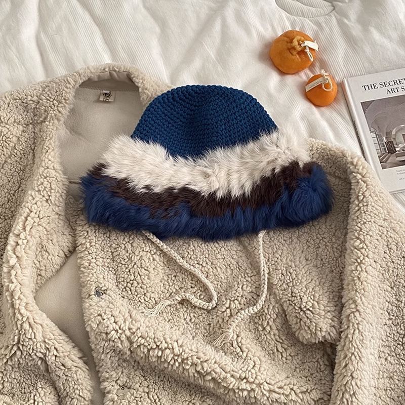 블루 컬러 블록 토끼 모피