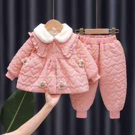女童套装2024冬新款棉服中小童宝宝居家服女宝加棉加厚两件套加绒
