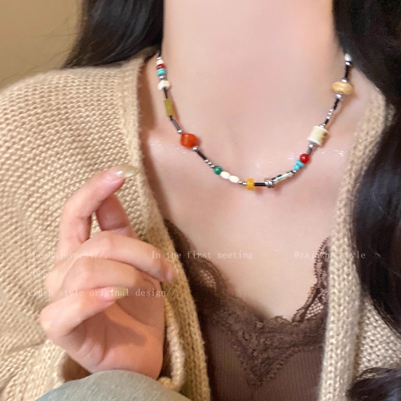 新中式复古天然石串珠项链女民族风彩色锁骨链多巴胺木质颈链配饰|undefined
