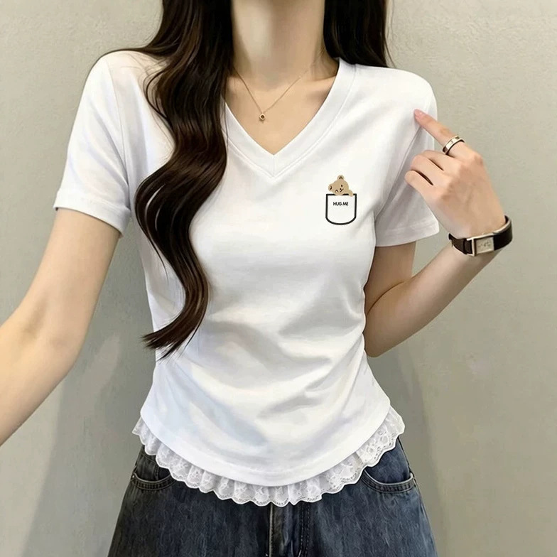 Women's short-sleeve T-shirt, popular Korean style, sweet lace slim-fit top, V-neck, new summer design, waist-cinching, slimming top