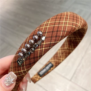 韩系高级感拼色格纹发箍女新款高颅顶宽边珍珠发捆日常外戴头箍饰