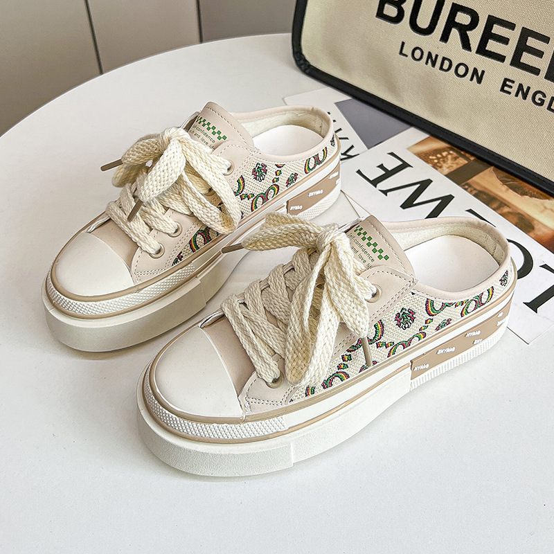 Scarpe di tela traspiranti Primavera ed estate La nuova versione coreana delle mezze pantofole Baotou da donna con fondo spesso casual sono pigre_voghion.com