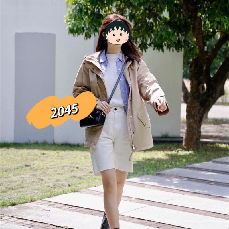 2045 French Outdoor All-match Casual Waterproof Windproof Hooded Jacket Coat Women