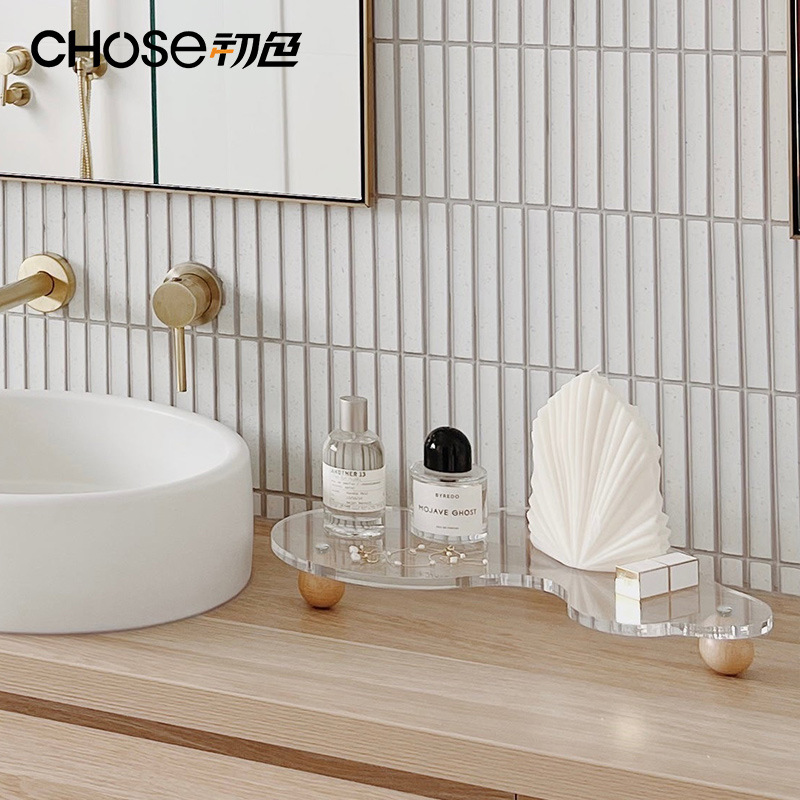 Bandeja de acrílico, vela de aromaterapia, joyería de perfume, soporte de exhibición, dormitorio, baño, lavabo, escritorio, estante de madera