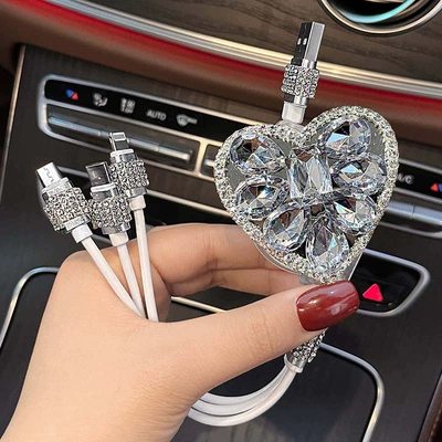 Diamond-encrusted data cable three-in-one car charging cable multifunctional retractable portable storage three-port tpyec charging (Mobil şarj cihazları) - white-love-data-line