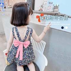 Girls Dress 2024 Summer New Fashionable Baby Girl Bow Tank Top Dress Children Princess Floral Skirt