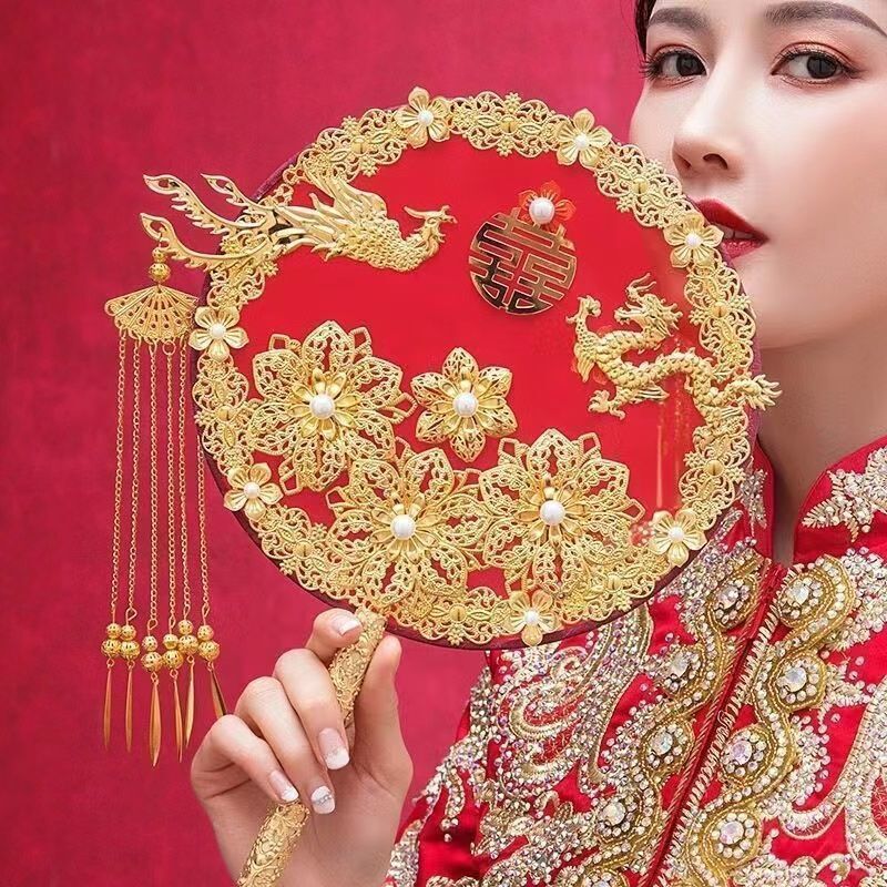 团扇新娘扇子女秀禾服diy塘铭成品喜扇手工中式结婚双面出嫁|undefined